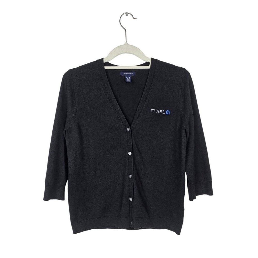 Lands' End Chase Stylish Business Apparel 3/4 Sleeve Black Cardigan